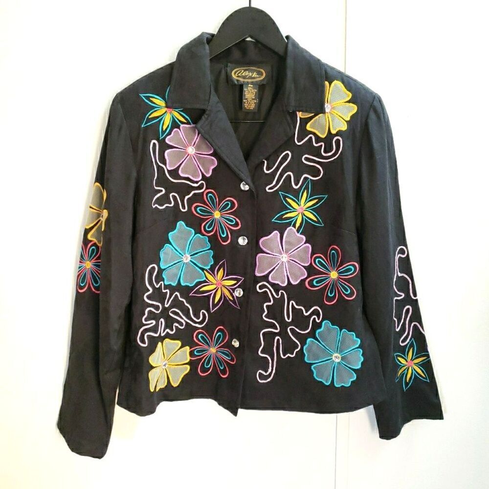 Alex Kim Jacket Womens Petite Medium Black Floral Blazer Embroidered Art To Wear